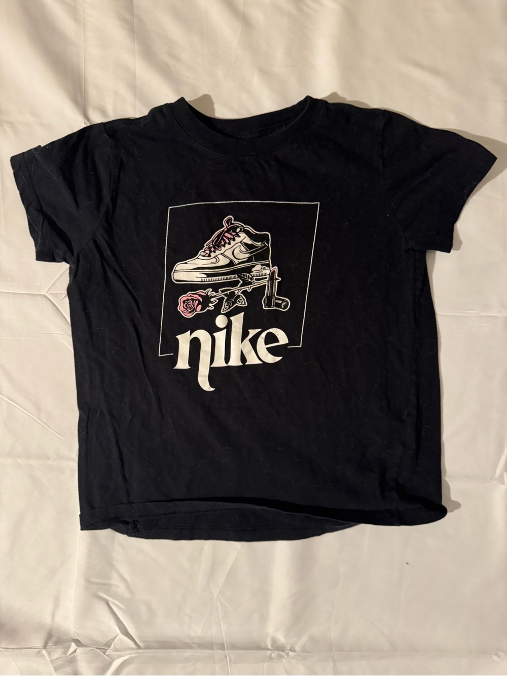 Nike Black Tee with White Logo and Pink Graphic